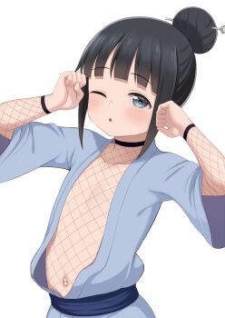 1girl atg_(wttoo0202) bare_stomach black_hair blue_eyes blue_kimono blunt_bangs blush collarbone elementary_school_age female_focus fishnet_sleeves fishnet_top fishnets flat_chest hair_bun hair_ornament hair_stick highres japanese_clothes kimono kunoichi_tsubaki_no_mune_no_uchi loli long_sleeves looking_at_viewer mokuren_(kunoichi_tsubaki_no_mune_no_uchi) navel obi one_eye_closed open_clothes open_kimono open_mouth sash short_hair short_kimono sidelocks simple_background single_hair_bun solo standing upper_body white_background