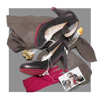 1girl bar_censor black_footwear border censored censored_identity colored_shoe_soles cum cum_on_body cum_on_clothes cum_on_feet high_heels highres necktie no_humans pantyhose photo_(object) shoes smell stiletto_heels still_life suggestive_fluid unworn_shoes white_border xnnagu