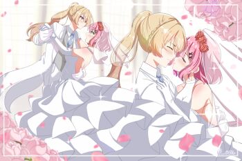 Rule 34 | 2girls, amaori renako, blonde hair, blue eyes, blue necktie, bridal veil, bride, ciel cl2525, closed eyes, closed mouth, collared shirt, commentary, commission, dress, elbow gloves, falling petals, female focus, flower, formal clothes, gloves, hair flower, hair ornament, hand on another's shoulder, highres, imminent kiss, jacket, long hair, mixed-language commentary, multiple girls, necktie, ouzuka mai, pants, petals, pink flower, pink rose, ponytail, red flower, red rose, rose, see-through clothes, see-through veil, shirt, suit, tuxedo, veil, vgen commission, watashi ga koibito ni nareru wake naijan murimuri!, wedding dress, white dress, white gloves, white jacket, white pants, white shirt, white suit, wife and wife, yuri