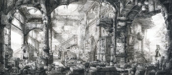 1boy 2girls :d absurdly_detailed_composition animal_head apron arch architecture arm_at_side bamboo_screen banner basket bird bookshelf bottle bow bowl box broom ceiling_light chest_of_drawers clipboard closed_mouth cloth commentary_request contrapposto day drawer duplicate east_asian_architecture frills glasses globe graphite_(medium) greyscale hair_bow hakurei_reimu hand_on_own_head hat hat_bow highres holding holding_broom indoors jar kirisame_marisa kourindou lamp lantern loaded_interior long_hair long_sleeves midriff mita_mitauzo monochrome morichika_rinnosuke multiple_girls nib_pen_(medium) open_mouth paper_lantern pelvic_curtain pen_(medium) penguin photoshop_(medium) picture_frame pillar pixel-perfect_duplicate plant potted_plant puffy_short_sleeves puffy_sleeves railing scroll shelf shoes shop short_sleeves sidelocks skeleton skirt skirt_set smile stack stairs standing standing_on_one_leg stuffed_toy tassel taxidermy teapot touhou traditional_media tree vase vines waist_apron walking window_blinds witch_hat wooden_floor wooden_wall