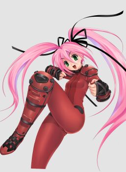 1girl :d absurdres anime_coloring black_ribbon blush bodysuit breasts commentary drunken_fist fighting_stance gloves green_eyes hair_between_eyes hair_ribbon highres knee_guards leg_up li_raichi long_hair long_sleeves looking_at_viewer matsuena_shun official_art open_mouth pink_hair red_bodysuit red_shoes ribbon shijou_saikyou_no_deshi_ken'ichi shin_guards shoes small_breasts smile solo standing standing_on_one_leg symbol-only_commentary twintails v-shaped_eyebrows very_long_hair white_background
