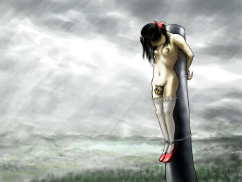 1girl arms_behind_back bdsm black_hair bondage bound breasts breasts_apart closed_eyes cuffed female_focus gin-nasu-en handcuffed legs_together navel nipple_piercing nipple_tag nipples nude original outdoors piercing public_indecency public_nudity red_shoes rope shoes small_areolae small_breasts small_nipples solo thighhighs unconscious white_thighhighs