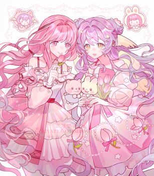 Rule 34 | 2girls, :d, absurdres, animal, bai yang zi, bare shoulders, bear, blush stickers, chibi, chibi inset, closed mouth, cowboy shot, dress, flower, hair intakes, highres, holding, holding animal, long hair, long sleeves, multiple girls, off-shoulder dress, off shoulder, open mouth, original, pink dress, pink eyes, pink flower, pink hair, pink tulip, purple hair, rabbit, smile, tulip, watermark, white background, yellow eyes