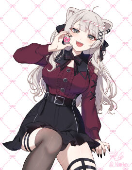 1girl :d absurdres ahoge animal_ear_piercing animal_ears arm_support bare_shoulders black_bow black_bowtie black_nails black_ribbon black_skirt black_thighhighs blunt_bangs blush bow bowtie breasts buttons center_frills clothing_cutout commentary_request cross-laced_clothes cross-laced_sleeves detached_collar fangs fingernails frills grey_eyes grey_hair hair_ornament hair_ribbon half-heart_hands head_tilt high-waist_skirt highres hololive invisible_chair jirai_kei knee_up large_breasts legwear_garter lion_ears long_fingernails long_hair long_sidelocks looking_at_viewer looking_to_the_side minatasiro miniskirt nail_polish official_alternate_costume official_alternate_hairstyle open_mouth puritan_collar red_shirt ribbon shirt shishiro_botan shishiro_botan_(jirai_kei) shoulder_cutout sidelocks sitting skirt smile solo suspender_skirt suspenders thick_thighs thigh_strap thighhighs thighs twitter_username virtual_youtuber wavy_hair x_hair_ornament