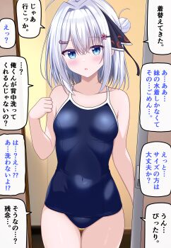 1girl :o absurdres blue_eyes blush breasts collarbone commentary_request hair_ornament highres magaasha medium_breasts original school_swimsuit short_hair solo speech_bubble swimsuit