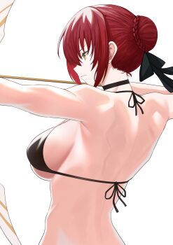 1girl absurdres back bikini black_bikini bow_(weapon) braid breasts bun_with_braided_base closed_mouth commentary drawing_bow english_commentary fate/strange_fake fate_(series) hair_bun highres hippolyta_(fate) holding holding_bow_(weapon) holding_weapon large_breasts red_hair short_hair si_farid sideboob simple_background single_hair_bun solo string_bikini swimsuit upper_body weapon white_background yellow_eyes