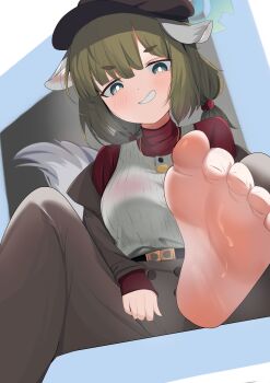 1girl absurdres animal_ears barefoot belt black_belt blue_archive blue_background blue_eyes blunt_bangs blush bright_pupils brown_hat brown_jacket brown_pants chanshiyu commentary dog_ears dog_girl dog_tail downturned_eyes feet floppy_ears foot_focus foot_out_of_frame from_below grin hair_bobbles hair_ornament hat highres jacket jewelry long_sleeves looking_at_viewer looking_down low_twintails medium_hair newsboy_cap open_clothes open_jacket pants pendant red_shirt shirt short_twintails simple_background sitting sleeves_past_wrists smile smirk soles solo sweat tail thick_eyebrows toenails toes tsurime turtleneck turtleneck_shirt twintails white_pupils yakumo_(blue_archive)