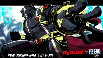 1boy belt black_skin blue_background bracelet cape character_name clenched_hand colored_skin copyright_name english_text f-zero foreshortening gold grin hand_up happy jewelry leg_up letterboxed logo looking_at_viewer machine_head_tetsujin male_focus multiple_rings muscular muscular_male nintendo outline outside_border reaching reaching_towards_viewer red_cape redline ring smile solo spread_fingers standing striped_skin teeth tindyflow white_outline yellow_eyes