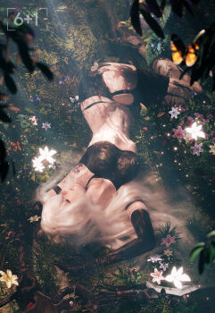 1girl 3d a2_(nier:automata) absurdres black_gloves blender_(medium) closed_eyes closed_mouth commentary elbow_gloves english_commentary gloves grass high_heels highres injury long_hair lunar_tear lying navel nier:automata nier_(series) on_back seven_(sixplusone) solo stomach white_hair