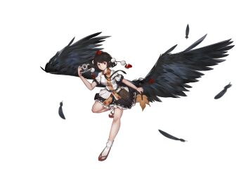 Rule 34 | 1girl, absurdres, bird wings, black necktie, black wings, brown hair, camera, chinese commentary, collared shirt, commentary request, falling feathers, feathered wings, feathers, frilled skirt, frills, full body, hat, hauchiwa, highres, holding, holding camera, looking at viewer, necktie, peng7728084, pointy ears, pom pom (clothes), puffy short sleeves, puffy sleeves, red eyes, red hat, red sandals, ribbon-trimmed skirt, ribbon trim, sandals, shameimaru aya, shirt, short sleeves, skirt, smile, socks, solo, tokin hat, touhou, white shirt, white socks, wings