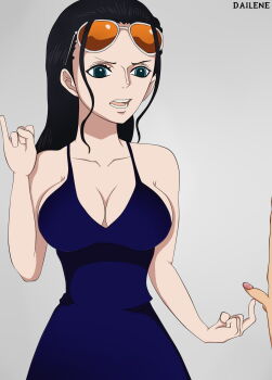 1girl angry black_hair blue_dress blue_eyes breasts cleavage dailene dress femdom glasses glasses_on_head highres humiliation large_breasts long_hair looking_at_penis nico_robin nico_robin_(dressrosa) one_piece penis small_penis small_penis_humiliation sunglasses sunglasses_on_head surprised tiny_gesture watermark white_background