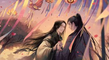 2boys artist_name autumn black_eyes black_hair blurry brown_eyes building chang_geng chinese_clothes closed_mouth commentary couple depth_of_field english_commentary evening grass grey_hanfu gu_yun hanfu high_ponytail holding_hands lantern long_hair long_sleeves looking_at_another male_focus monocle multiple_boys open_mouth orange_sky outdoors ponytail robe sha_po_lang sky smile streamers tree watermark wide_sleeves xiao_guan_(headdress) yaoi yellow_hanfu yellow_robe zelda_c_wang