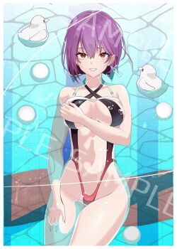 108shizuku 1girl absurdres afloat bare_shoulders bird black_one-piece_swimsuit breasts cowboy_shot criss-cross_halter earrings grin hair_between_eyes halterneck heaven_burns_red highleg highres jewelry large_breasts looking_at_viewer medium_breasts nail_polish navel one-piece_swimsuit orange_eyes partially_submerged pool purple_hair purple_nails red_eyes sample_watermark short_hair single_earring slingshot_swimsuit smile solo swimsuit tezuka_saki thighs water watermark