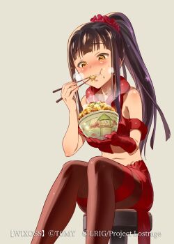 1girl andou_shuki blush bowl brown_hair chopsticks closed_mouth copyright_notice food highres holding holding_bowl holding_chopsticks long_hair looking_at_viewer noodles official_art pantyhose ponytail ramen red_pantyhose red_scrunchie red_shirt red_skirt scrunchie shirt skirt smile solo thigh_strap white_background wixoss yellow_eyes yuzuki_(wixoss)