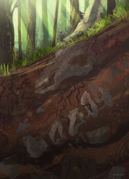 bone forest grass light_rays nature no_humans original outdoors painterly partially_buried partially_underground_shot plant_roots skeleton skull still_life tree zandra