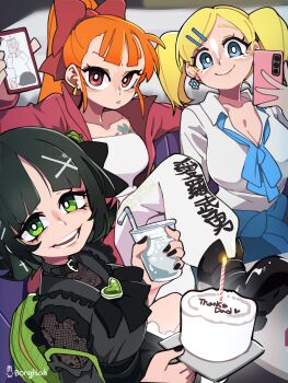 3girls absurdres aged_up black_dress black_hair blonde_hair blossom_(ppg) blue_eyes bongftah breasts brown_eyes bubbles_(ppg) buttercup_(ppg) cellphone cleavage collarbone commentary_request dress earrings english_text green_eyes gyaru high_ponytail highres holding holding_phone jacket jewelry jirai_kei large_breasts long_hair multiple_girls orange_hair pants phone ponytail powerpuff_girls professor_utonium red_jacket shirt short_hair siblings sisters smartphone thank_you translation_request twintails white_pants white_shirt
