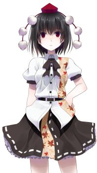 1girl arm_behind_back belt black_belt black_bow black_bowtie black_hair black_skirt bow bowtie buttons closed_mouth collared_shirt commentary_request cowboy_shot crote frilled_skirt frills furrowed_brow hand_on_own_hip hat highres large_variant_set leaf_print legs_apart looking_at_viewer maple_leaf_print puffy_short_sleeves puffy_sleeves red_eyes red_hat ribbon-trimmed_skirt ribbon_trim shameimaru_aya shirt short_hair short_sleeves skirt sleeve_cuffs solo standing tachi-e tokin_hat touhou transparent_background variant_set white_shirt wide-eyed