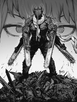 blood bloody_weapon chainsaw chainsaw_devil chainsaw_man extra_arms greyscale highres horns intestine_clothing intestines makima_(chainsaw_man) male_focus monochrome no_eyes open_mouth ringed_eyes scarf sharp_teeth teeth victorbalgitt weapon