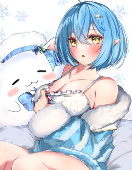 1girl ahoge aqua_jacket bare_shoulders blue_hair blush breasts camisole cleavage collarbone commentary_request daifuku_(yukihana_lamy) elf fluffy_clothes fur-trimmed_jacket fur-trimmed_sleeves fur_trim hair_between_eyes hair_ornament hololive jacket kuronamialice large_breasts official_alternate_costume official_alternate_hair_length official_alternate_hairstyle open_mouth pointy_ears polka_dot polka_dot_camisole short_hair sitting skirt sleepwear virtual_youtuber white_camisole white_skirt yellow_eyes yukihana_lamy yukihana_lamy_(roomwear) yukimin_(yukihana_lamy)