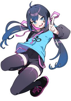1girl absurdres ahoge blue_eyes hanten_(hantennano) highres indie_virtual_youtuber long_hair mugen_mochi shoes shorts solo thighhighs v virtual_youtuber
