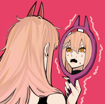 1girl absurdres black_nails blonde_hair chainsaw_man commentary cross-shaped_pupils d: demon_girl demon_horns earrings fangs hair_between_eyes hand_mirror hand_on_mirror highres holding holding_mirror horns jewelry looking_at_mirror looking_at_self mirror open_mouth pink_background power_(chainsaw_man) red_horns reflection reflection_focus sailen0 sharp_teeth solo stud_earrings sweat symbol-shaped_pupils teeth trembling yellow_eyes