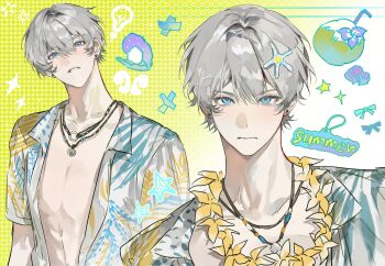 1boy closed_mouth collarbone english_text grey_hair hair_between_eyes highres jewelry light_blush looking_at_viewer love_and_deepspace male_focus multiple_views necklace open_clothes open_shirt parted_bangs parted_lips short_hair short_sleeves solo teeth upper_body whxgvejdjxj xavier_(love_and_deepspace)