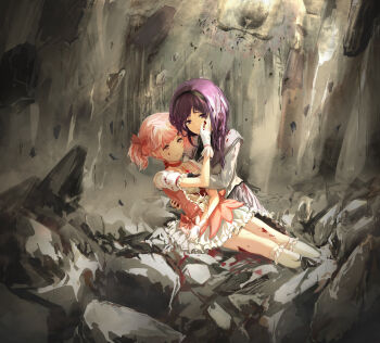 2girls absurdres akemi_homura akemi_homura_(magical_girl) black_hair black_hairband blood blood_on_clothes blood_on_face blood_on_hands bow bow_choker bubble_skirt capelet choker crying dress dying gloves hair_bow hairband hand_on_another&#039;s_face highres huijin injury kaname_madoka kaname_madoka_(magical_girl) long_hair mahou_shoujo_madoka_magica mahou_shoujo_madoka_magica_(anime) multiple_girls pink_dress pink_hair pleated_skirt purple_eyes red_bow red_choker short_twintails skirt socks twintails walpurgisnacht_(madoka_magica) white_gloves white_socks witch_(madoka_magica) yuri