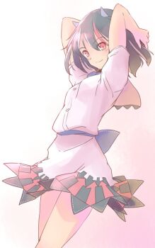 1girl arms_up arrow_print back_bow black_hair blue_bow blush bow breasts commentary_request feet_out_of_frame hands_in_own_hair kijin_seija medium_hair pink_background rangycrow red_eyes red_streaks shirt small_breasts small_horns smile solo split_mouth thighs touhou white_shirt white_streaks