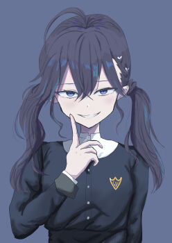 Rule 34 | 1girl, absurdres, ahoge, black jacket, blue eyes, blush, braid, bug, butterfly, commentary, cropped jacket, evil smile, finger to cheek, gakuen idolmaster, gokugetsu academy school uniform, grey background, hair between eyes, highres, idolmaster, insect, jacket, kaya rinha, konabemaru (xvkm7844), long sleeves, looking at viewer, school uniform, shirt, simple background, smile, solo, twintails, upper body, white shirt