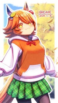 +_+ 1girl :3 animal_ears black_pantyhose blush breasts closed_mouth clover_hair_ornament commentary_request creape daruma_doll daruma_doll_hair_ornament ear_covers flipped_hair four-leaf_clover_hair_ornament green_skirt hair_between_eyes hair_ornament highres hood hood_down hoodie horse_ears horse_girl horse_tail long_sleeves looking_at_viewer matikanefukukitaru_(umamusume) orange_hair orange_hoodie pantyhose pleated_skirt short_hair single_ear_cover skirt smile solo tail umamusume