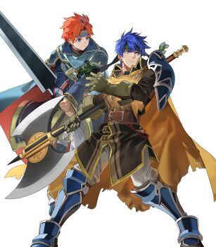2boys attack axe battle_axe blue_eyes blue_hair cape cosplay eliwood_(fire_emblem) eliwood_(fire_emblem)_(cosplay) fire_emblem fire_emblem:_path_of_radiance fire_emblem:_the_binding_blade fire_emblem_heroes greatsword greil greil_(cosplay) highres holding holding_axe holding_sword holding_weapon ike_(brave_mercenary)_(fire_emblem) ike_(fire_emblem) maid_headdress multiple_boys nintendo non-web_source official_alternate_costume official_art red_hair roy_(brave_lion)_(fire_emblem) roy_(fire_emblem) sword two-sided_cape two-sided_fabric weapon