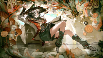 Rule 34 | 1girl, absurdres, ahoge, animal ears, belt, between fingers, black eyes, black hair, brown leg warmers, cat ears, cat girl, coin, dragon, full body, hat, heterochromia, highres, holding, holding ofuda, leg warmers, long sleeves, looking ahead, medium hair, mole, mole under each eye, mole under eye, multiple moles, ne muri, ofuda, ofuda between fingers, open mouth, original, scarf, shirt, shorts, solo, tassel, watermark, yellow eyes