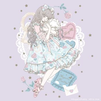 angelic_pretty blue_bow blue_dress blunt_bangs bow caption cat curly_hair dress fashion finger_to_mouth floating flower frilled_dress frilled_shirt_collar frilled_sleeves frills grey_eyes grey_hair hair_bow hair_ornament heart heart-shaped_pillow high_heels hugging_object japanese_clothes kira_imai lace letter lolita_fashion long_hair matching_outfits official_art patterned_clothing picture_frame pillow pillow_hug pink_bow pink_shoes postcard print_bow print_dress product_placement purple_background real_life ribbon rose shoes star_(symbol)