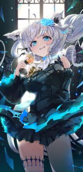 1girl absurdres ahoge animal_ear_fluff animal_ears black_dress blush braid breasts commentary_request cup dress drinking_glass earrings floating_hair flower fox_ears fox_girl fox_tail green_eyes hair_between_eyes hair_flower hair_ornament highres holding holding_cup hololive indoors jewelry long_hair looking_at_viewer medium_breasts nyas0123 shirakami_fubuki sidelocks single_braid smirk solo tail taut_clothes thigh_strap virtual_youtuber white_hair window wine_glass