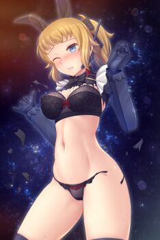 1girl black_bow black_bowtie black_bra black_panties blonde_hair blue_eyes blush bow bowtie bra breasts cleavage commentary_request commission gundam gundam_build_fighters gundam_build_fighters_try hair_bow hoshino_fumina mecha_musume medium_breasts one_eye_closed panties ponytail ryu-akt skeb_commission solo star_(sky) super_fumina sweat torn_clothes torn_panties underwear