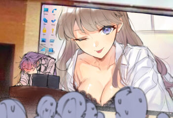 2girls 6+others ;p audience black_bra black_dress blush blush_visible_through_hair blush_visible_through_hands bra breasts brown_hair cleavage closed_mouth coat collarbone collared_shirt commentary computer desktop_(computing) dress dress_shirt english_commentary english_text facepalm fujishima_megumi head_down laptop large_breasts link!_like!_love_live! long_hair long_sleeves looking_at_viewer love_live! meme multiple_girls multiple_others one_eye_closed open_clothes open_coat open_shirt otomune_kozue otomune_kozue_(winter_casual) photo_background presentation_gone_wrong_(meme) purple_eyes purple_hair selfie shirt smile sweat tongue tongue_out underwear virtual_youtuber white_shirt yuri zenma_trang