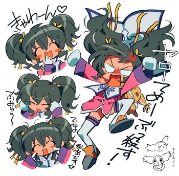 1girl anger_vein angry anise_tatlin black_hair blush_stickers closed_eyes commentary_request creature dress fingers_to_cheeks full_body gloves grgrton hair_ribbon heart highres long_hair long_sleeves mieu_(tales) multiple_views open_mouth pink_dress ribbon star_(symbol) tabard tales_of_(series) tales_of_the_abyss thighhighs tokunaga_(tales) translation_request twintails upper_body white_background white_gloves white_tabard white_thighhighs yellow_ribbon