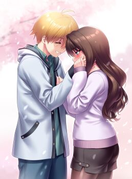 Rule 34 | 1boy, 1girl, :d, ^ ^, ahoge, alternate costume, aqua jacket, black shorts, blonde hair, blue eyes, blush, brown hair, brown pantyhose, casual, cherry blossoms, closed eyes, collared shirt, commission, couple, cowboy shot, denim, eyes visible through hair, facing another, from side, green skirt, grin, hair between eyes, hair intakes, hand on another's cheek, hand on another's face, hetero, highres, holding hands, jacket, jeans, kanon, kitagawa jun, light blush, long hair, looking down, misaka kaori, open clothes, open jacket, open mouth, pants, pantyhose, profile, second-party source, shirt, short hair, shorts, sidelocks, simple background, skeb commission, skirt, sleeves past wrists, smile, sweater, tsurime, white background, white sweater, zen (kamuro)