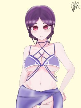 1girl artist_request blush breasts cowboy_shot female_focus kimi_no_koto_ga_dai_dai_dai_dai_daisuki_na_100-nin_no_kanojo large_breasts long_hair morikita_kimari navel purple_hair red_eyes solo stomach swimsuit underboob