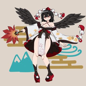 1girl avian_zebra bird_wings black_hair black_socks black_wings breasts cleavage closed_mouth commentary detached_sleeves egasumi feathered_wings geta groin hat hauchiwa highres japanese_clothes kimono kourindou_tengu_costume large_breasts leaf_print looking_at_viewer maple_leaf_print medium_hair mountain no_panties official_alternate_costume pelvic_curtain pointy_ears pom_pom_(clothes) red_eyes red_hat red_sandals sandals shameimaru_aya side_slit simple_background smile socks solo tengu-geta thighs tokin_hat touhou white_kimono wide_sleeves wings