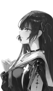 1girl absurdres breasts chisa_(wuthering_waves) choker closed_mouth commentary_request fingernails from_side greyscale hair_ribbon hand_up highres hikimori_1 jacket long_hair medium_breasts mole mole_under_eye monochrome neckerchief profile ribbon sailor_collar shirt simple_background solo tacet_mark_(wuthering_waves) upper_body white_background wuthering_waves