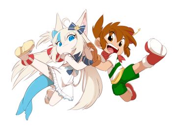 ahoge animal_ears bandana bandana_around_neck bleedman blonde_hair blue_eyes blue_hair boots borrowed_character bow brown_eyes brown_gloves brown_hair cat_ears commentary eyes_visible_through_hair fins fish_tail flying_kick gloves hair_bow hashtag-only_commentary highres holding_hands indie_virtual_youtuber kicking multicolored_hair open_mouth original red_boots sameko_saba sandals shirt smile streaked_hair striped_clothes striped_shirt tail twintails two-tone_hair virtual_youtuber