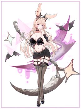 1girl absurdres black_bra black_shoes black_skirt black_thighhighs blonde_hair bra breasts character_request collar copyright_request full_body green_eyes highres holding holding_scythe large_breasts long_hair looking_at_viewer mokokoiro nail_polish navel scythe shoes simple_background skirt solo standing stomach thighhighs underwear white_background