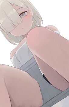 1girl black_panties clothes_pull grey_eyes grey_shorts hair_over_one_eye highres hiroki_(yyqw7151) looking_at_viewer original panties shirt short_hair shorts shorts_pull simple_background sitting solo underwear white_background white_hair white_shirt