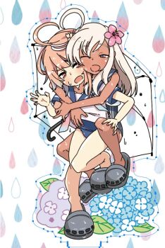 ahoge alakoala arrow_(symbol) blonde_hair blue_one-piece_swimsuit blue_sailor_collar child commentary_request crocs dark-skinned_female dark_skin flower full_body grey_shoes hair_flower hair_ornament hug hug_from_behind i-58_(kancolle) kantai_collection long_hair one-piece_swimsuit one_eye_closed pink_eyes pink_hair rain ro-500_(kancolle) sailor_collar sailor_shirt school_swimsuit shirt shoes short_hair sleeveless sleeveless_shirt swimsuit swimsuit_under_clothes translation_request transparent transparent_umbrella umbrella white_background white_shirt