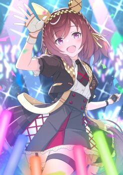 1girl animal_ears asymmetrical_gloves black_gloves black_jacket black_necktie black_skirt blush braid breasts brown_hair buena_vista_(heroina_inocente)_(umamusume) buena_vista_(umamusume) checkered_collar checkered_hairband commentary_request ear_covers fingerless_gloves gamyuu_(gamyu) gloves glowstick hair_between_eyes hairband headband highres horse_ears horse_girl horse_tail jacket looking_at_viewer medium_hair mismatched_gloves necktie open_mouth puffy_short_sleeves puffy_sleeves purple_eyes shirt short_sleeves skirt smile tail thigh_strap umamusume white_gloves white_shirt