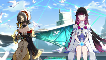 2girls absurdres bare_shoulders bird black_hair blue_flower blue_sky blunt_bangs braid braided_bun brown_hair chinese_commentary closed_eyes closed_mouth cloud columbina_(genshin_impact) commentary_request day dove dress eye_mask flower genshin_impact gradient_hair hair_bun hair_ornament highres long_hair low-tied_sidelocks mask multicolored_hair multiple_girls mxirony outdoors pink_hair purple_hair sandrone_(genshin_impact) sidelocks sitting sky smile white_bird white_dress wing_hair_ornament