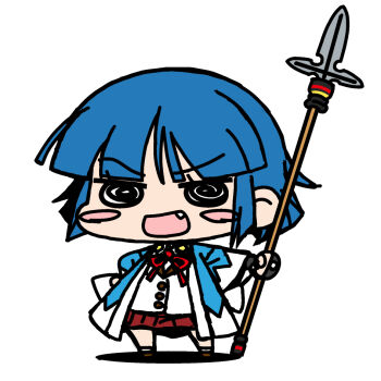 1girl armor black_eyes blue_hair blue_haori blunt_bangs blush_stickers chibi chibi_only commentary_request fang full_body gyousatsu_shinsengumi hand_on_own_hip haori harada_sano_(gyousatsu_shinsengumi) holding holding_polearm holding_weapon jacket japanese_armor japanese_clothes juumonji_yari kote long_sleeves looking_at_viewer open_mouth polearm raised_eyebrow red_skirt short_hair simple_background skirt smile solo spear standing v-shaped_eyebrows weapon white_background white_jacket yagumo_kengou yari