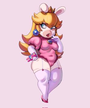 1girl animal_ears blonde_hair blue_eyes cameltoe covered_navel crown earrings elbow_gloves full_body furry furry_female gloves highres holding holding_phone jewelry leotard long_hair looking_to_the_side mario_(series) mario_+_rabbids_kingdom_battle nagainosfw nintendo phone pink_leotard puffy_short_sleeves puffy_sleeves rabbid rabbid_peach rabbit_ears short_sleeves simple_background solo sphere_earrings thick_thighs thighhighs thighs white_background white_gloves white_thighhighs