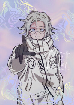 Rule 34 | 1boy, absurdres, aotsuki eito, black gloves, breast pocket, commentary request, commission, cyatapra, film grain, glasses, gloves, grey hair, high collar, highres, jacket, looking at viewer, male focus, outstretched arm, pocket, pointing, pointing at viewer, purple background, purple eyes, short hair, smile, solo, the hundred line -last defense academy-, twitter username, upper body, watermark, white jacket